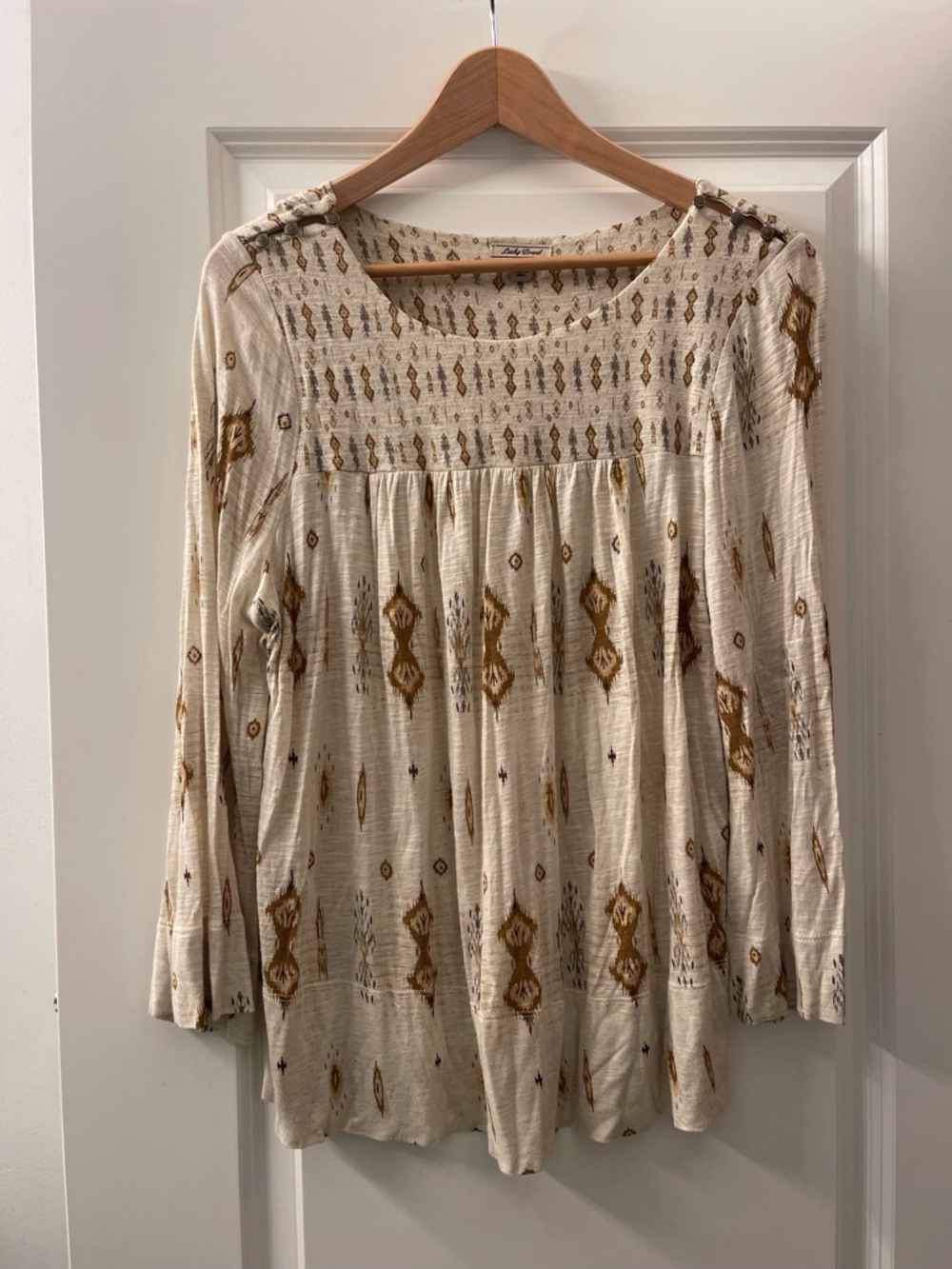 Lucky Brand Cream Top with Mustard and Gray Ikat Print